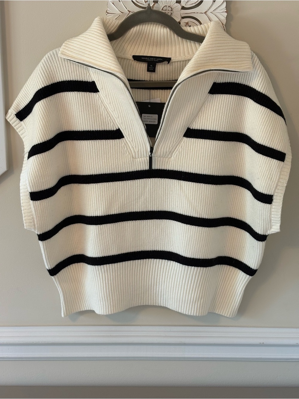 Marc New York Cream and Black Striped Half-Zip Ribbed Sweater Vest